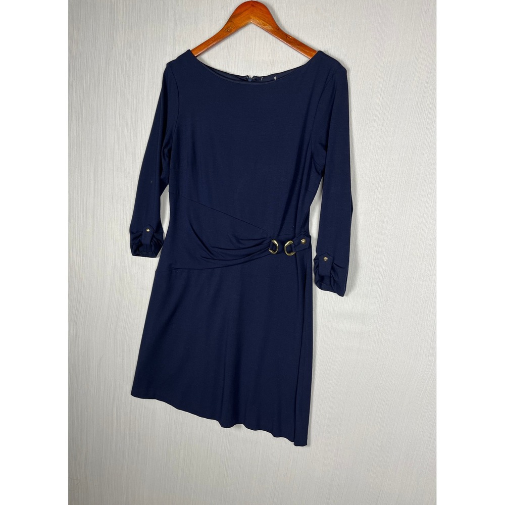 Navy Sheath Dress Womens M Jersey Knit Buckle Waist 3/4 Sleeve Career Chic‎
